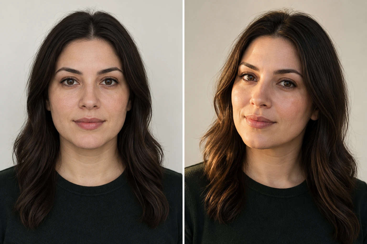 AI-generated two-panel illustration of a fictional, fully clothed person. The first panel uses even light and a front-facing pose. The second uses side lighting and a slightly different angle. No procedure or patient result is shown.