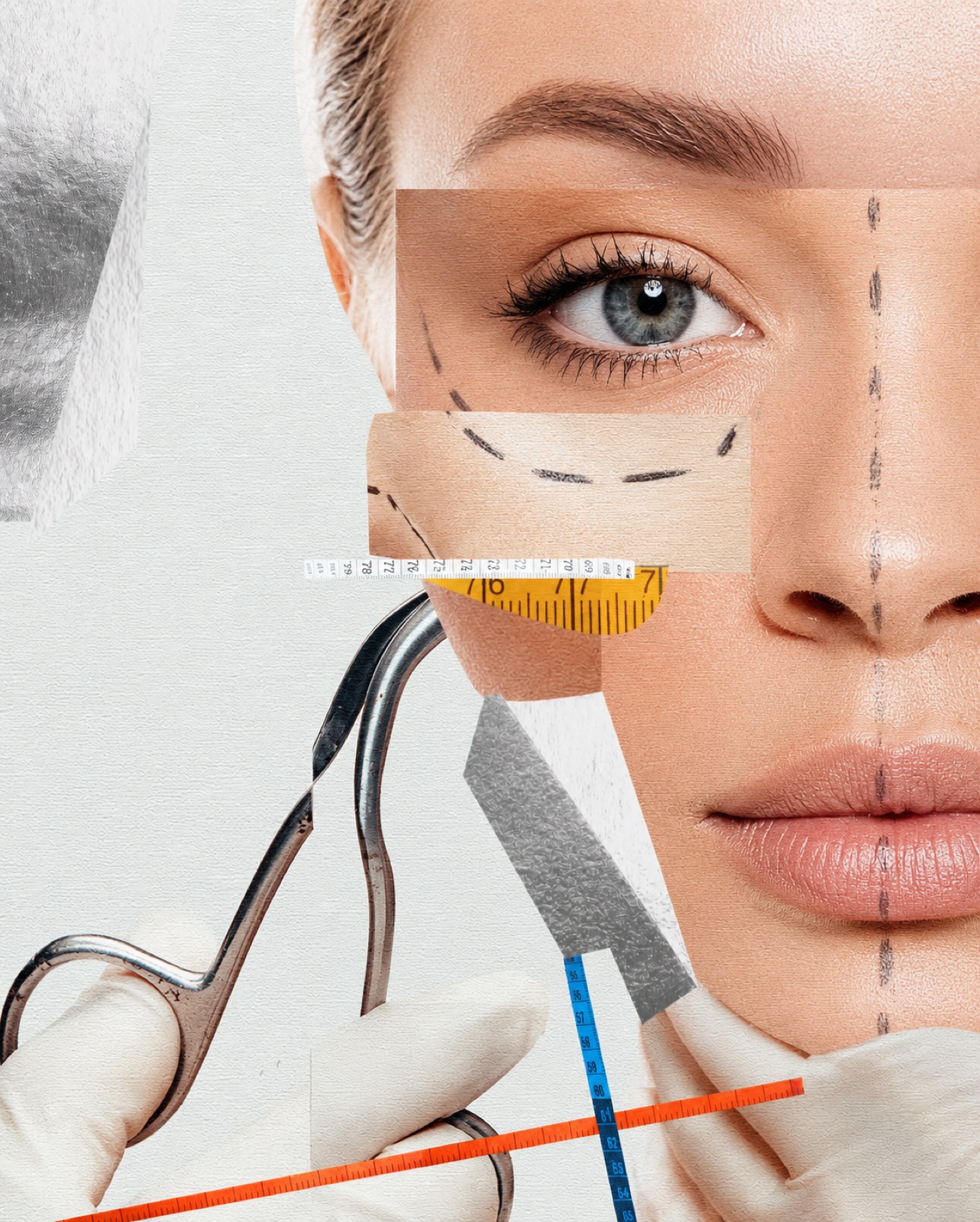 Editorial portrait collage exploring cosmetic surgery research